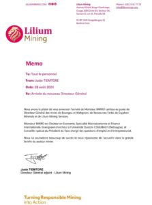 Memo Lilium Mining annonçant l'arrivée de Lamissa Barros comme nouveau DG 