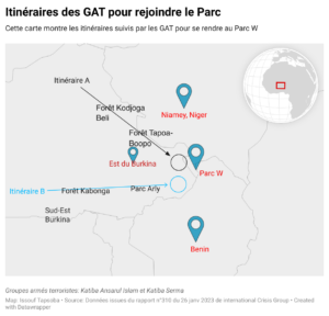 Graphique montrant l'itinéraire des groupes armées terroristes pour rejoindre le parc 